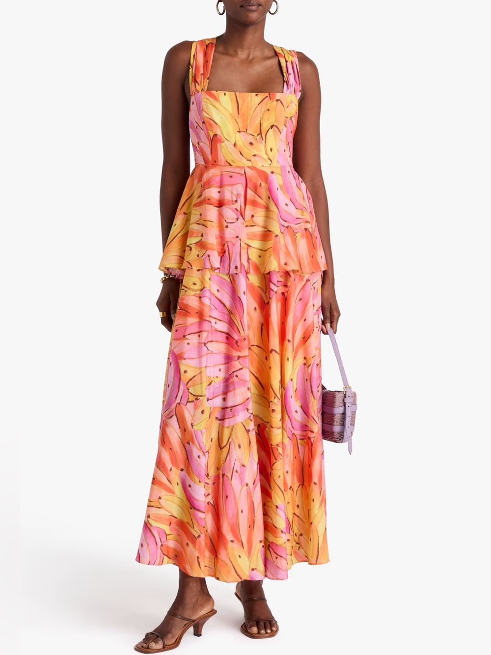 Farm Rio Layered Banana printed cotton-blend maxi dress, NWT, size L